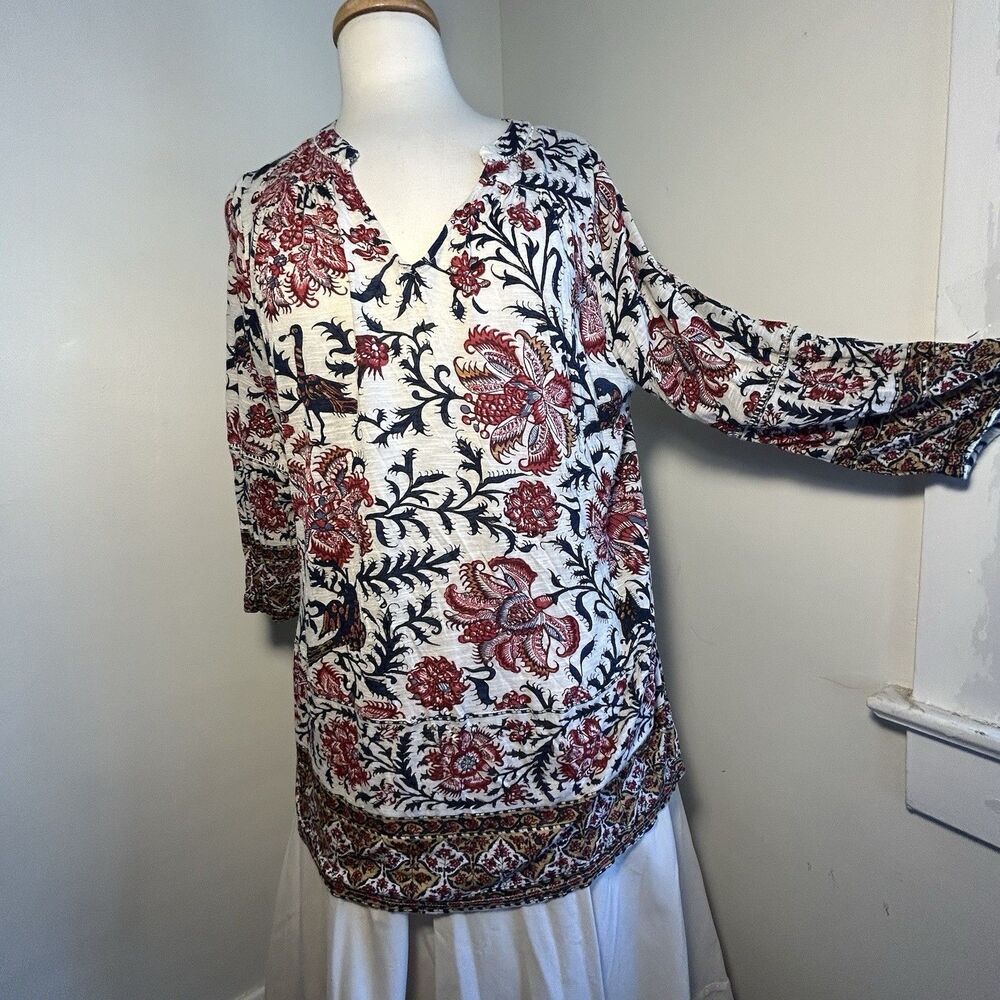 Lucky Brand Floral & BIRDS V-Neck Tie Tassel Long Sleeve Blouse XL hippy Boho